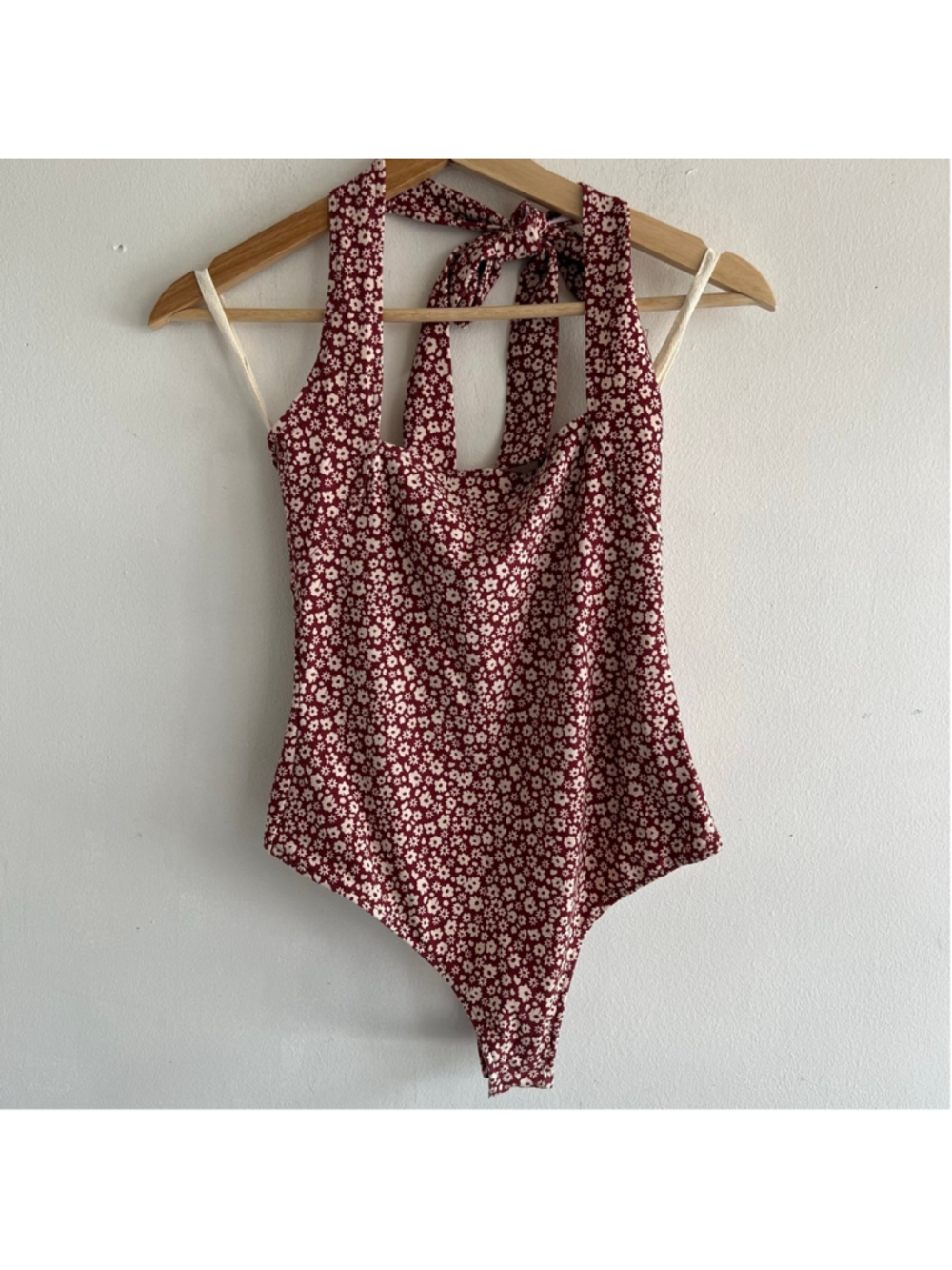 Free People Red White Floral Halter Bodysuit XS